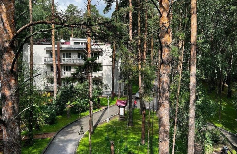Отель с рестораном в лесу на берегу реки.